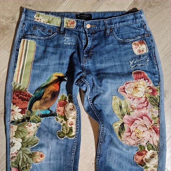 Floral Bird Upcycled art jeans 33 x 27 altered boyfriend distressed applique - Picture 2 of 13